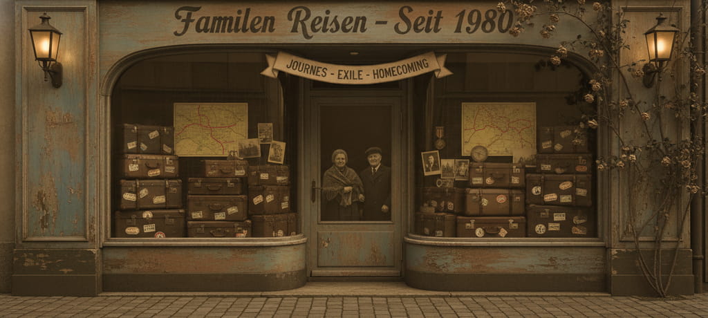 A vintage-style scene of an old European family-owned shop facade with warm lamplight, suitcases and faded travel memorabilia suggesting a journey through history, war, exile and return, muted sepia tones conveying resilience and continuity
