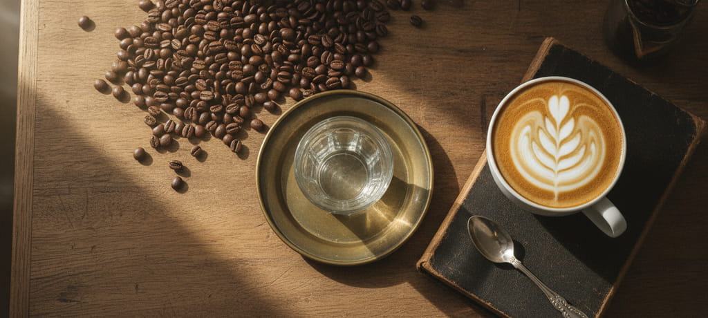 A serene flat lay of coffee beans, a small metal tray, a glass of cold water, and an elegant coffee cup with a delicate foam layer, soft natural light creating a warm, inviting atmosphere that conveys heritage and craftsmanship